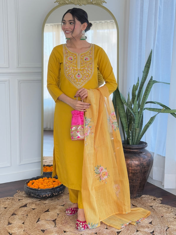 The52 Mustard Embroidered Rayon Fabric Straight Kurta, Pant and Dupatta Set
