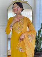 Thumbnail for The52 Mustard Embroidered Rayon Fabric Straight Kurta, Pant and Dupatta Set
