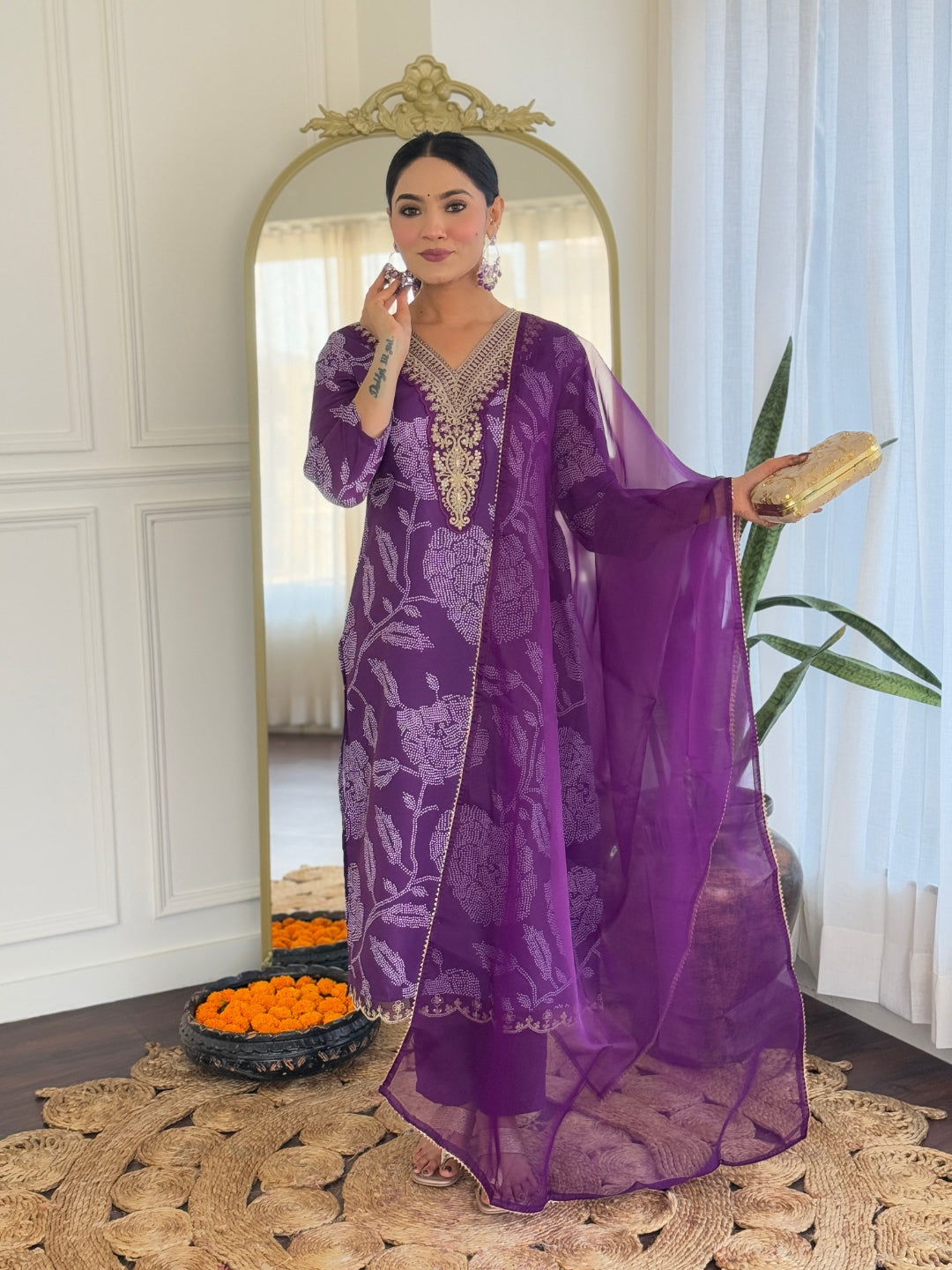 The52 Purple Embroidered Rayon Fabric Straight Kurta, Pant and Dupatta Set
