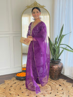 Thumbnail for The52 Purple Embroidered Rayon Fabric Straight Kurta, Pant and Dupatta Set