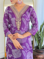 Thumbnail for The52 Purple Embroidered Rayon Fabric Straight Kurta, Pant and Dupatta Set