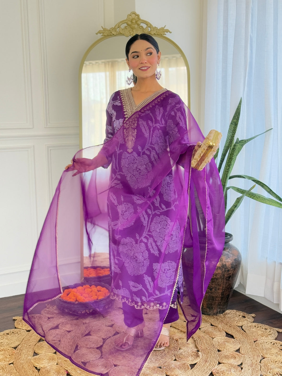 The52 Purple Embroidered Rayon Fabric Straight Kurta, Pant and Dupatta Set