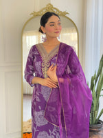 Thumbnail for The52 Purple Embroidered Rayon Fabric Straight Kurta, Pant and Dupatta Set