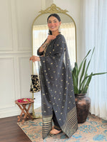 Thumbnail for The52 Women's Black Embroidered Cotton Slub Fabric Straight Kurta, Pant and Dupatta Set