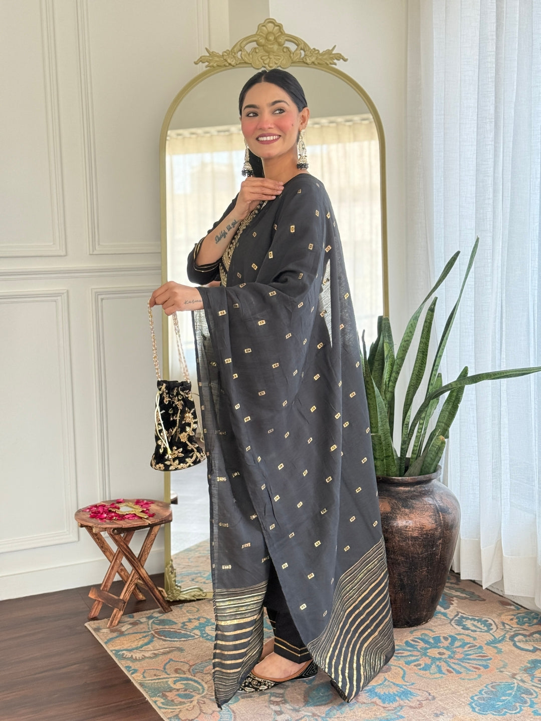 The52 Women's Black Embroidered Cotton Slub Fabric Straight Kurta, Pant and Dupatta Set