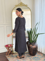 Thumbnail for The52 Women's Black Embroidered Cotton Slub Fabric Straight Kurta, Pant and Dupatta Set