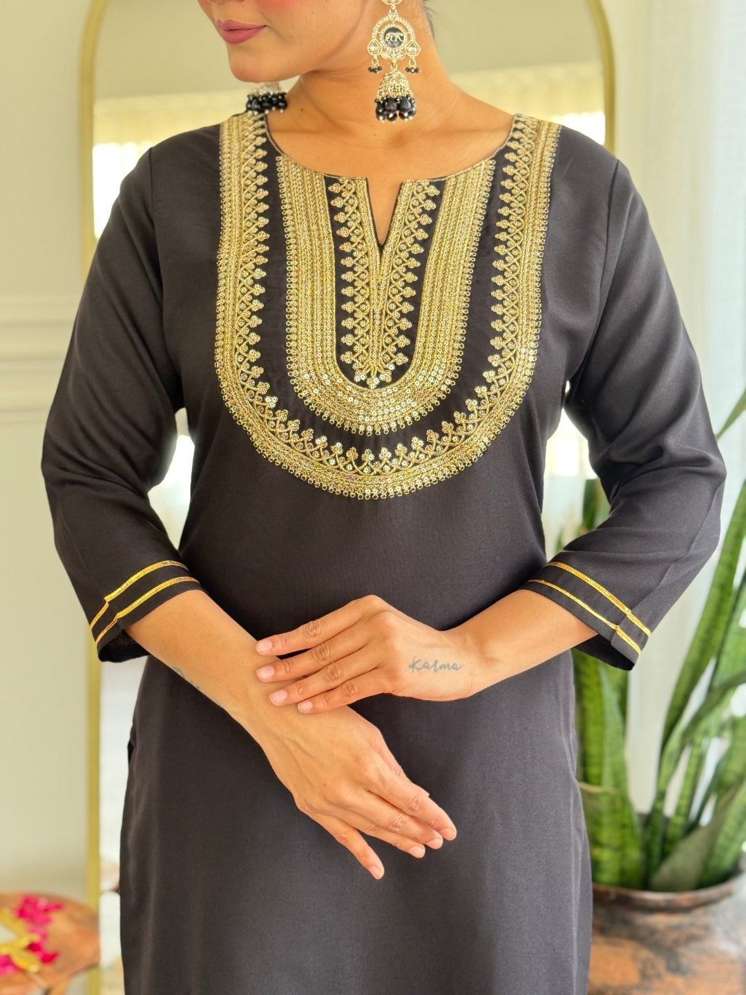 The52 Women's Black Embroidered Cotton Slub Fabric Straight Kurta, Pant and Dupatta Set