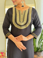 Thumbnail for The52 Women's Black Embroidered Cotton Slub Fabric Straight Kurta, Pant and Dupatta Set