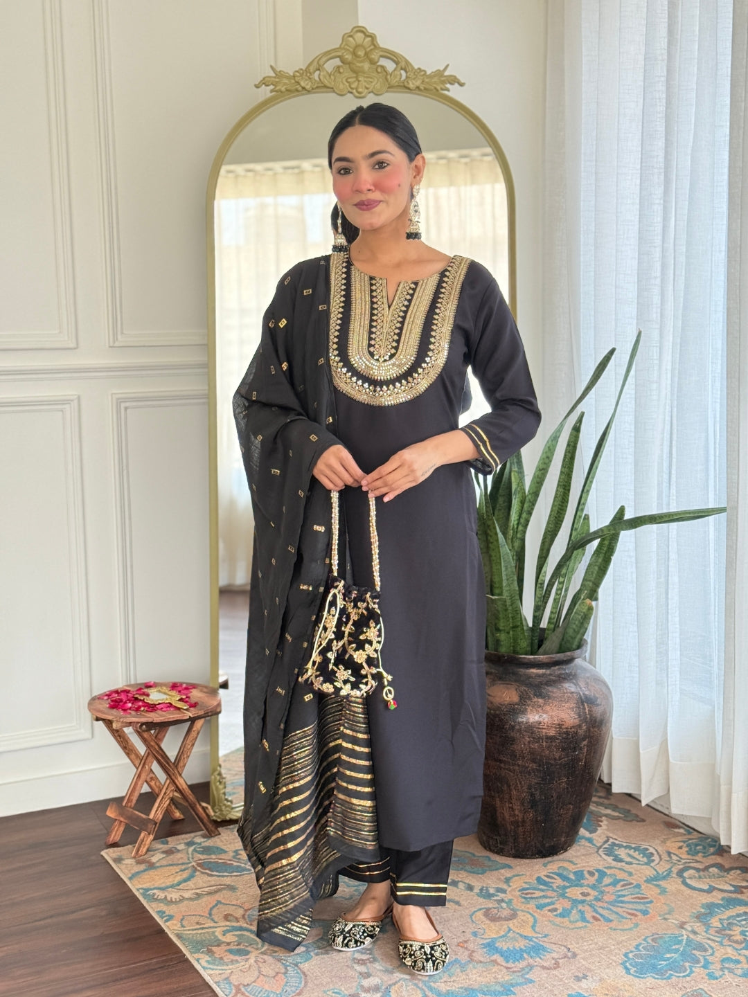 The52 Women's Black Embroidered Cotton Slub Fabric Straight Kurta, Pant and Dupatta Set