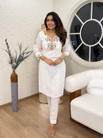 Thumbnail for Lorenvalley White Cotton Embroidered & Khatli Hand Work Kurta with Pant