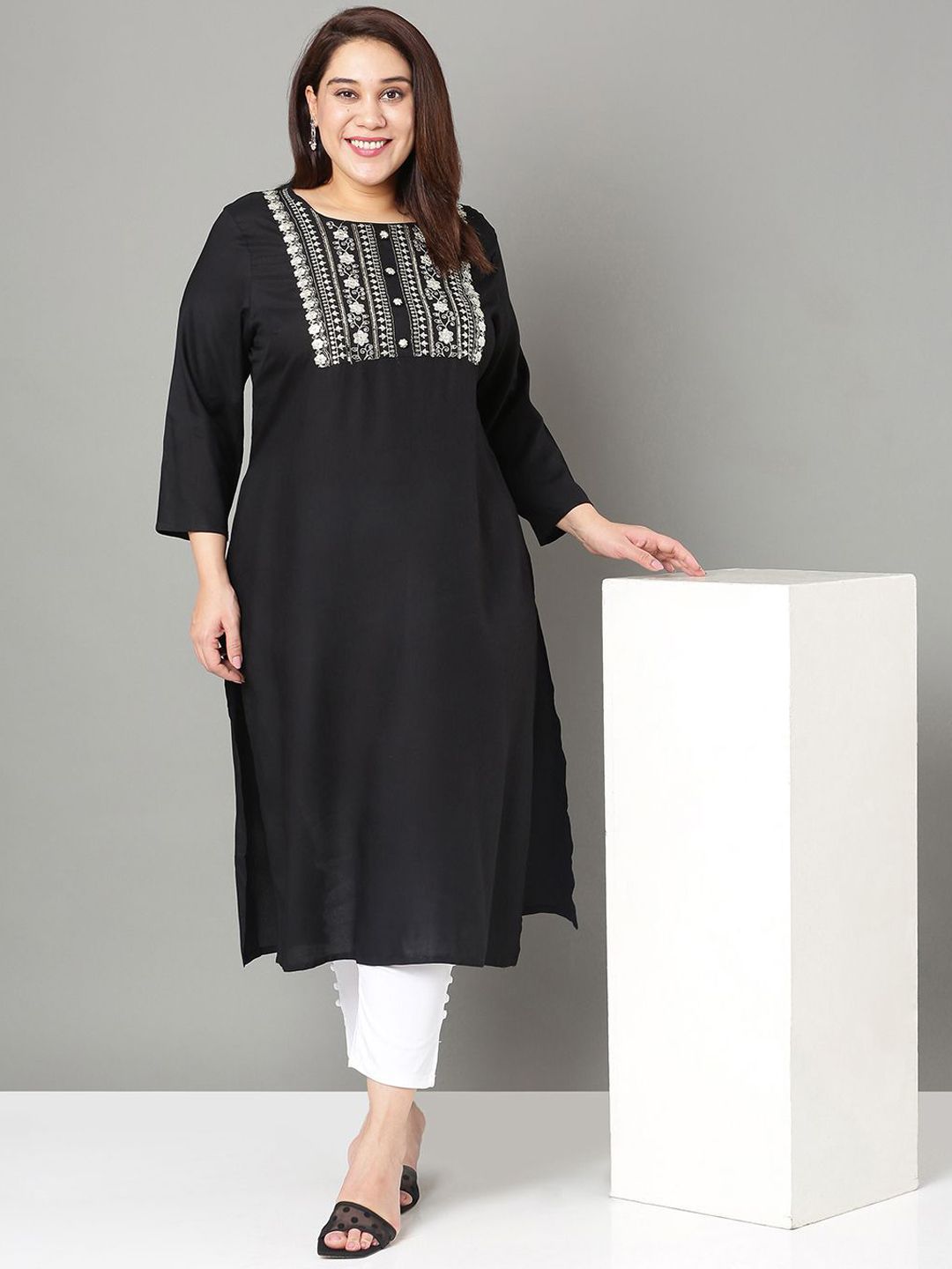 Sztori Floral Embroidered Yoke Design Sequined Straight Kurta - Distacart