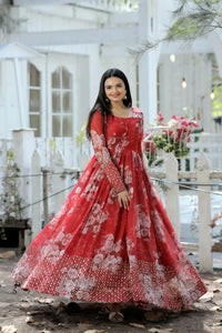 Thumbnail for Jyoti Fashion Women's Red Sequence Zari Embroidered Faux Georgette Anarkali Dress - Distacart