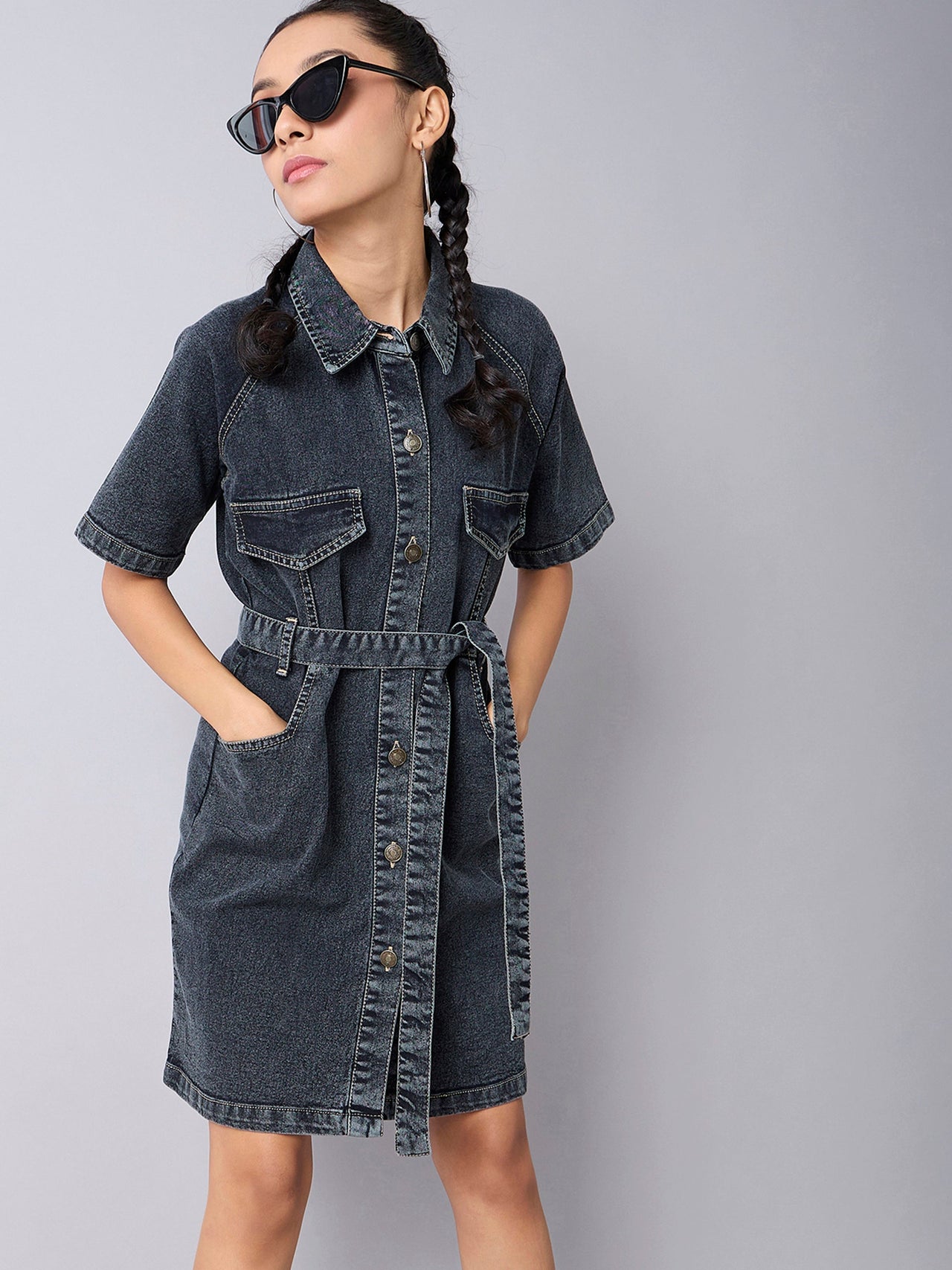 Lyush Girls Black Acid Wash Denim Shirt Dress