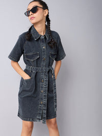 Thumbnail for Lyush Girls Black Acid Wash Denim Shirt Dress