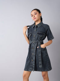 Thumbnail for Lyush Girls Black Acid Wash Denim Shirt Dress