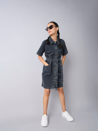 Thumbnail for Lyush Girls Black Acid Wash Denim Shirt Dress
