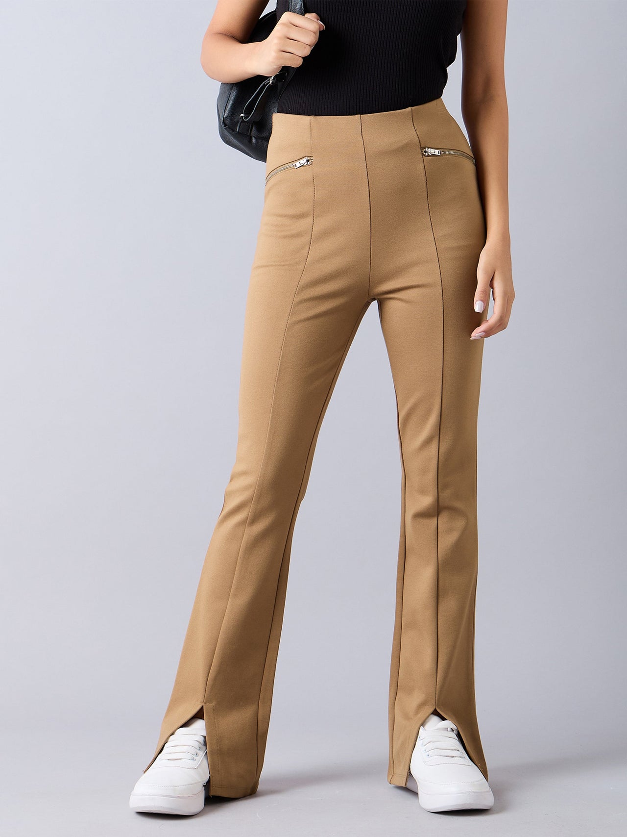 Lyush Girls Tan Front Slit Bell Bottom Zipper Detail Pants