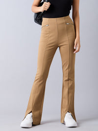 Thumbnail for Lyush Girls Tan Front Slit Bell Bottom Zipper Detail Pants