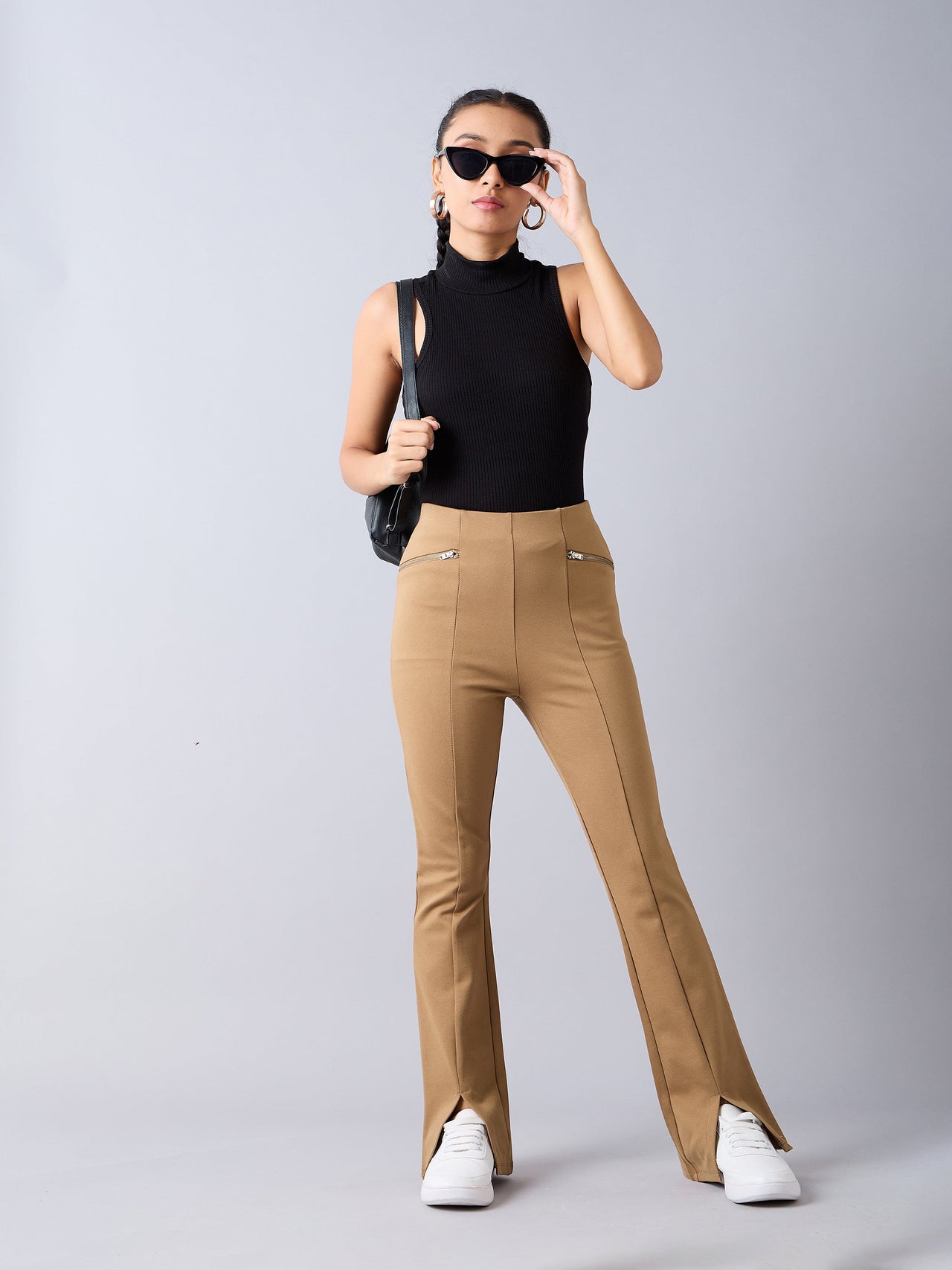 Lyush Girls Tan Front Slit Bell Bottom Zipper Detail Pants