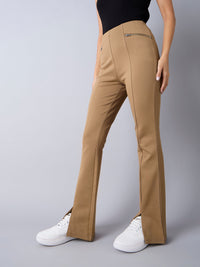 Thumbnail for Lyush Girls Tan Front Slit Bell Bottom Zipper Detail Pants