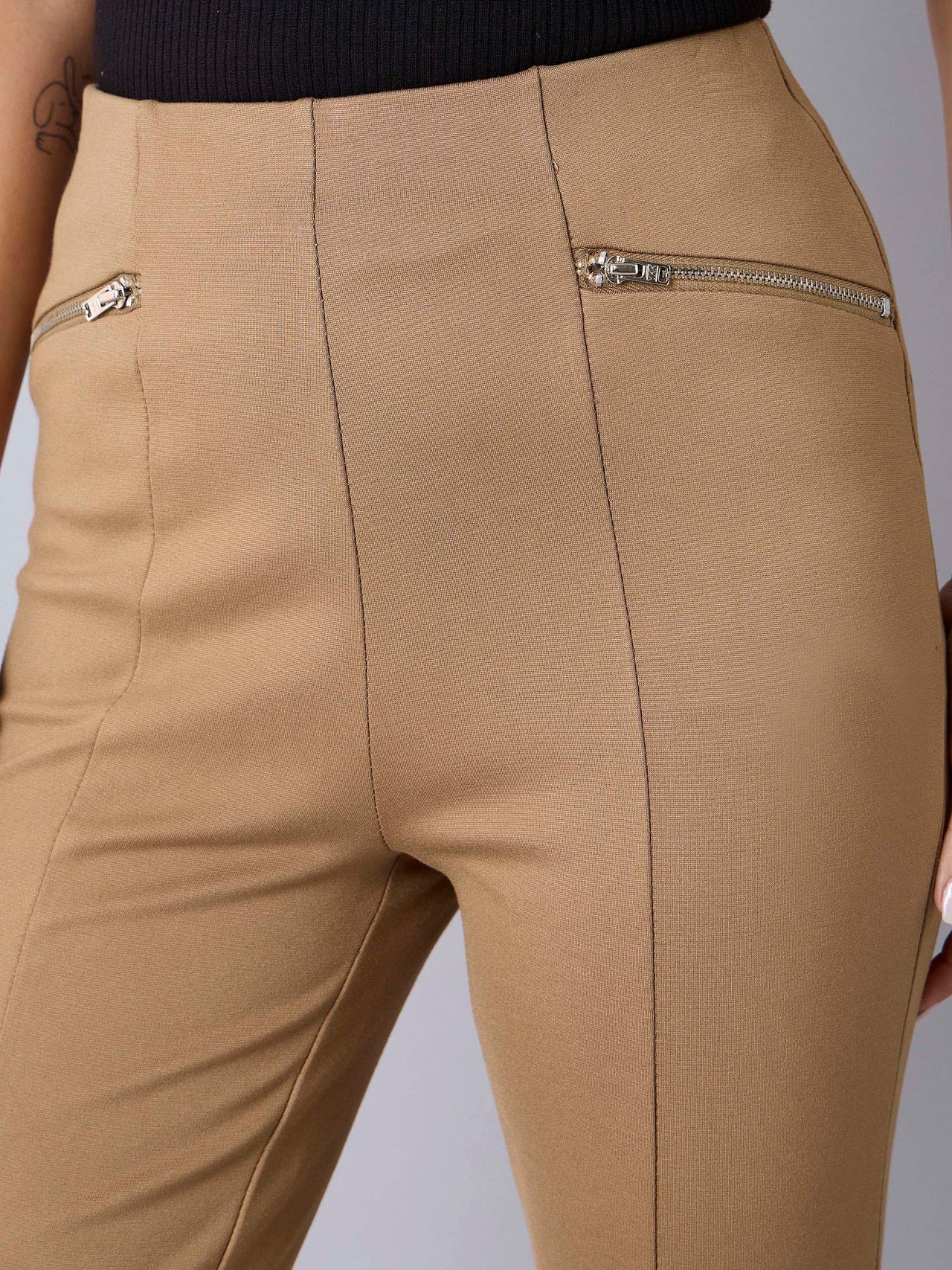 Lyush Girls Tan Front Slit Bell Bottom Zipper Detail Pants