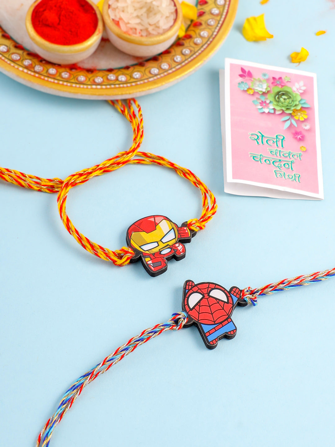 NVR Kids Set of 2 Cute Cartoon Superhero Thread Rakhi with Roli Chawal Chandan & Mishri