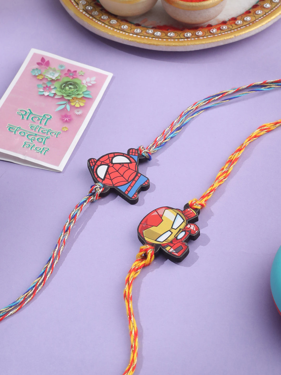 NVR Kids Set of 2 Cute Cartoon Superhero Thread Rakhi with Roli Chawal Chandan & Mishri