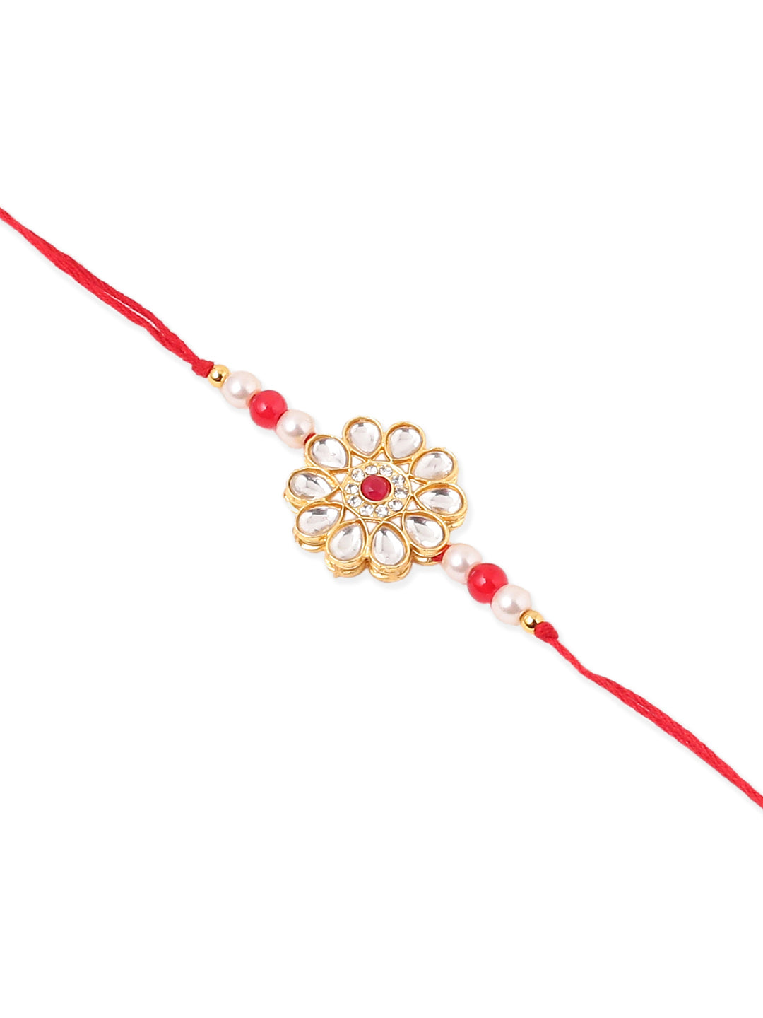NVR Set of 2 Gold Toned Kundan Studded Floral Design Bhaiya Bhabhi Rakhi Set with Roli Chawal Chandan & Mishri