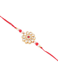 Thumbnail for NVR Set of 2 Gold Toned Kundan Studded Floral Design Bhaiya Bhabhi Rakhi Set with Roli Chawal Chandan & Mishri