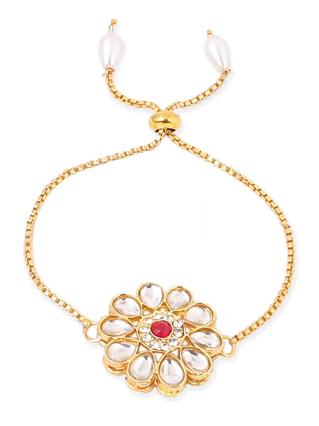 NVR Set of 2 Gold Toned Kundan Studded Floral Design Bhaiya Bhabhi Rakhi Set with Roli Chawal Chandan & Mishri