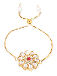 Thumbnail for NVR Set of 2 Gold Toned Kundan Studded Floral Design Bhaiya Bhabhi Rakhi Set with Roli Chawal Chandan & Mishri