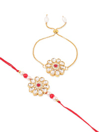Thumbnail for NVR Set of 2 Gold Toned Kundan Studded Floral Design Bhaiya Bhabhi Rakhi Set with Roli Chawal Chandan & Mishri