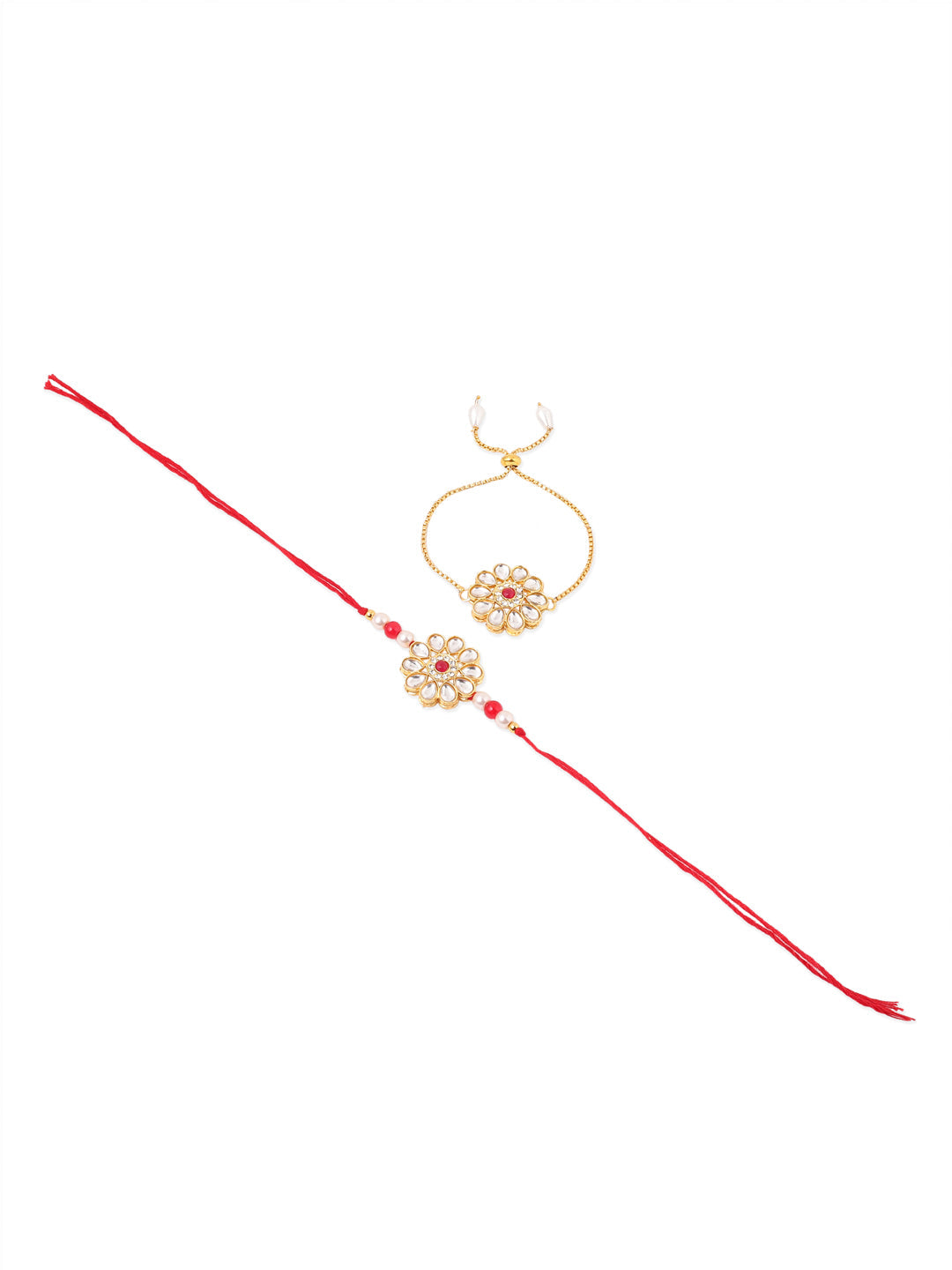 NVR Set of 2 Gold Toned Kundan Studded Floral Design Bhaiya Bhabhi Rakhi Set with Roli Chawal Chandan & Mishri