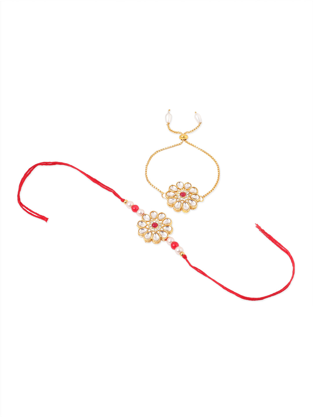 NVR Set of 2 Gold Toned Kundan Studded Floral Design Bhaiya Bhabhi Rakhi Set with Roli Chawal Chandan & Mishri