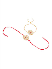 Thumbnail for NVR Set of 2 Gold Toned Kundan Studded Floral Design Bhaiya Bhabhi Rakhi Set with Roli Chawal Chandan & Mishri