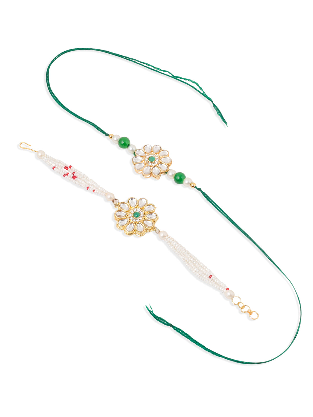 NVR Set of 2 Kundan Studded Floral Design Gold Toned Bhaiya Bhabhi Rakhi Set with Roli Chawal Chandan & Mishri