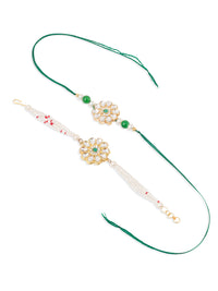 Thumbnail for NVR Set of 2 Kundan Studded Floral Design Gold Toned Bhaiya Bhabhi Rakhi Set with Roli Chawal Chandan & Mishri