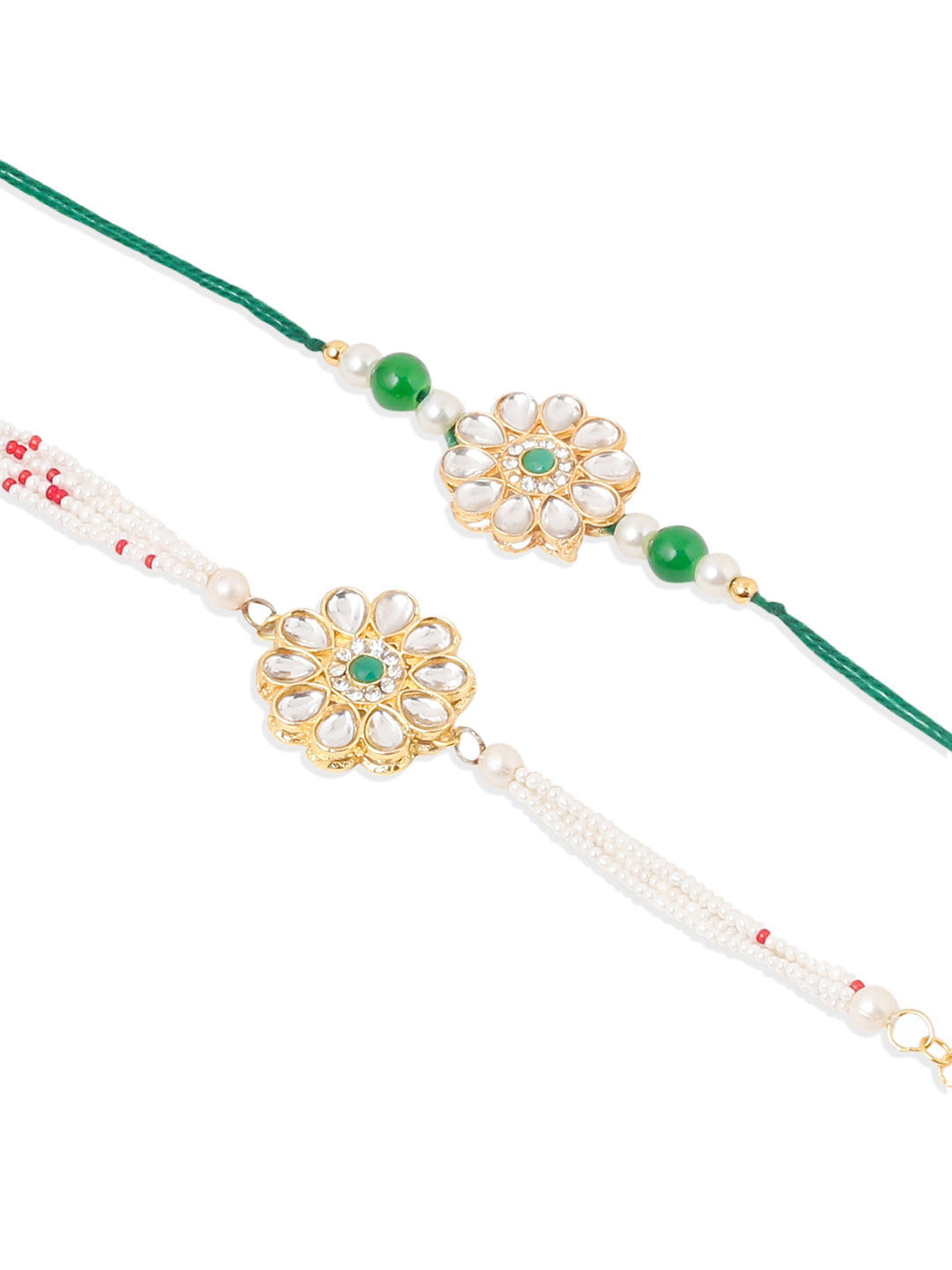 NVR Set of 2 Kundan Studded Floral Design Gold Toned Bhaiya Bhabhi Rakhi Set with Roli Chawal Chandan & Mishri