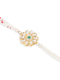 Thumbnail for NVR Set of 2 Kundan Studded Floral Design Gold Toned Bhaiya Bhabhi Rakhi Set with Roli Chawal Chandan & Mishri