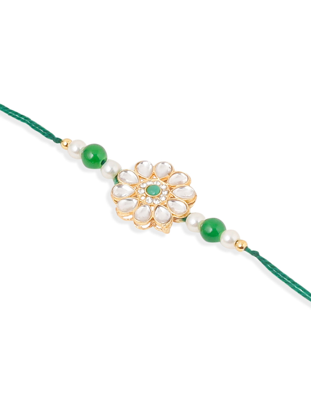 NVR Set of 2 Kundan Studded Floral Design Gold Toned Bhaiya Bhabhi Rakhi Set with Roli Chawal Chandan & Mishri