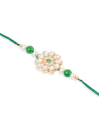 Thumbnail for NVR Set of 2 Kundan Studded Floral Design Gold Toned Bhaiya Bhabhi Rakhi Set with Roli Chawal Chandan & Mishri