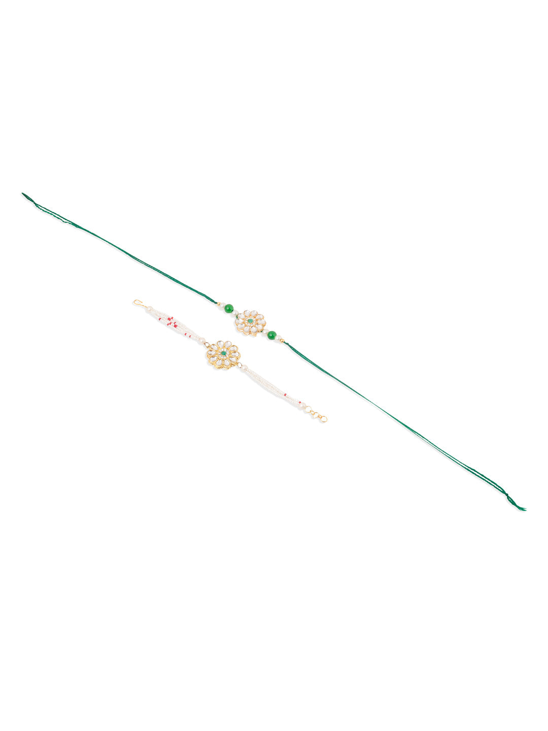NVR Set of 2 Kundan Studded Floral Design Gold Toned Bhaiya Bhabhi Rakhi Set with Roli Chawal Chandan & Mishri