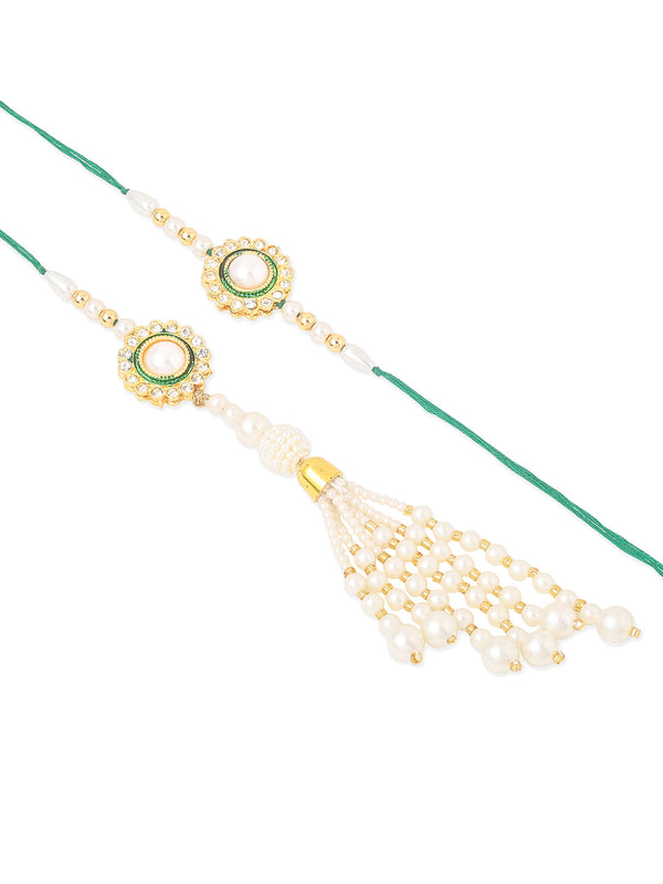 NVR Set of 2 White & Green Stone Studded Handcrafted Bhaiya Bhabhi Thread Rakhi with Roli Chawal Chandan & Mishri - Distacart