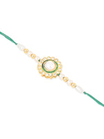 Thumbnail for NVR Set of 2 White & Green Stone Studded Handcrafted Bhaiya Bhabhi Thread Rakhi with Roli Chawal Chandan & Mishri - Distacart