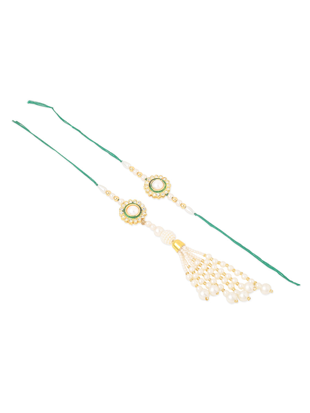 NVR Set of 2 White & Green Stone Studded Handcrafted Bhaiya Bhabhi Thread Rakhi with Roli Chawal Chandan & Mishri - Distacart