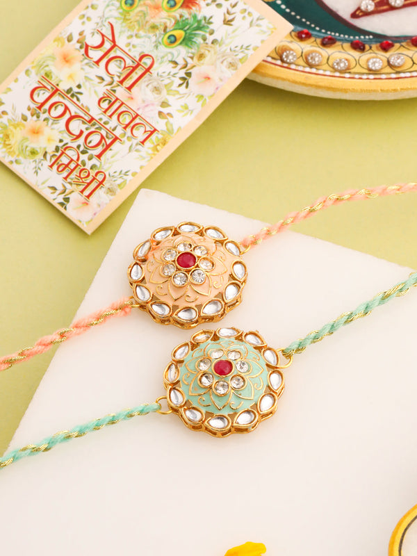 NVR Men Set of 2 Peach & Green Kundan Studded Round Floral Design Rakhi with Roli Chawal Chandan & Mishri - Distacart