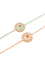Thumbnail for NVR Men Set of 2 Peach & Green Kundan Studded Round Floral Design Rakhi with Roli Chawal Chandan & Mishri - Distacart