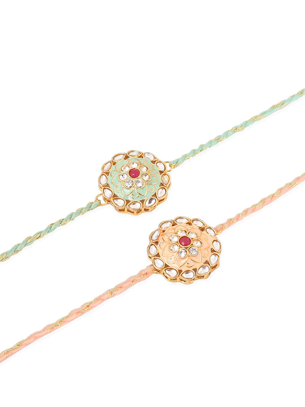 NVR Men Set of 2 Peach & Green Kundan Studded Round Floral Design Rakhi with Roli Chawal Chandan & Mishri - Distacart