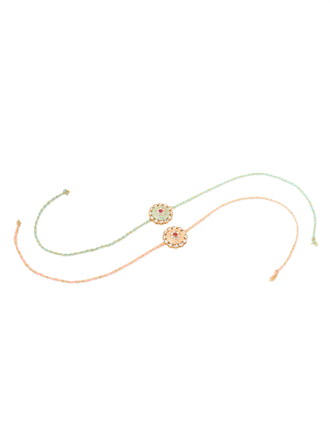 NVR Men Set of 2 Peach & Green Kundan Studded Round Floral Design Rakhi with Roli Chawal Chandan & Mishri - Distacart