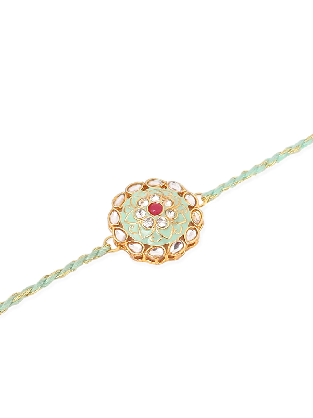 NVR Men Set of 2 Peach & Green Kundan Studded Round Floral Design Rakhi with Roli Chawal Chandan & Mishri - Distacart